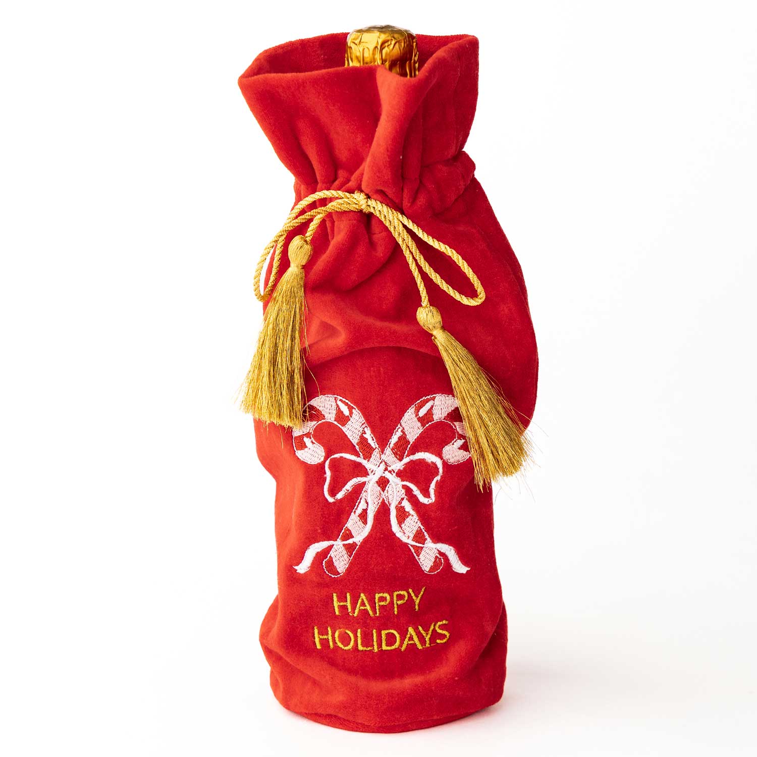 Embroidered Velvet Wine Bag - Candy Canes - Pep & Punch