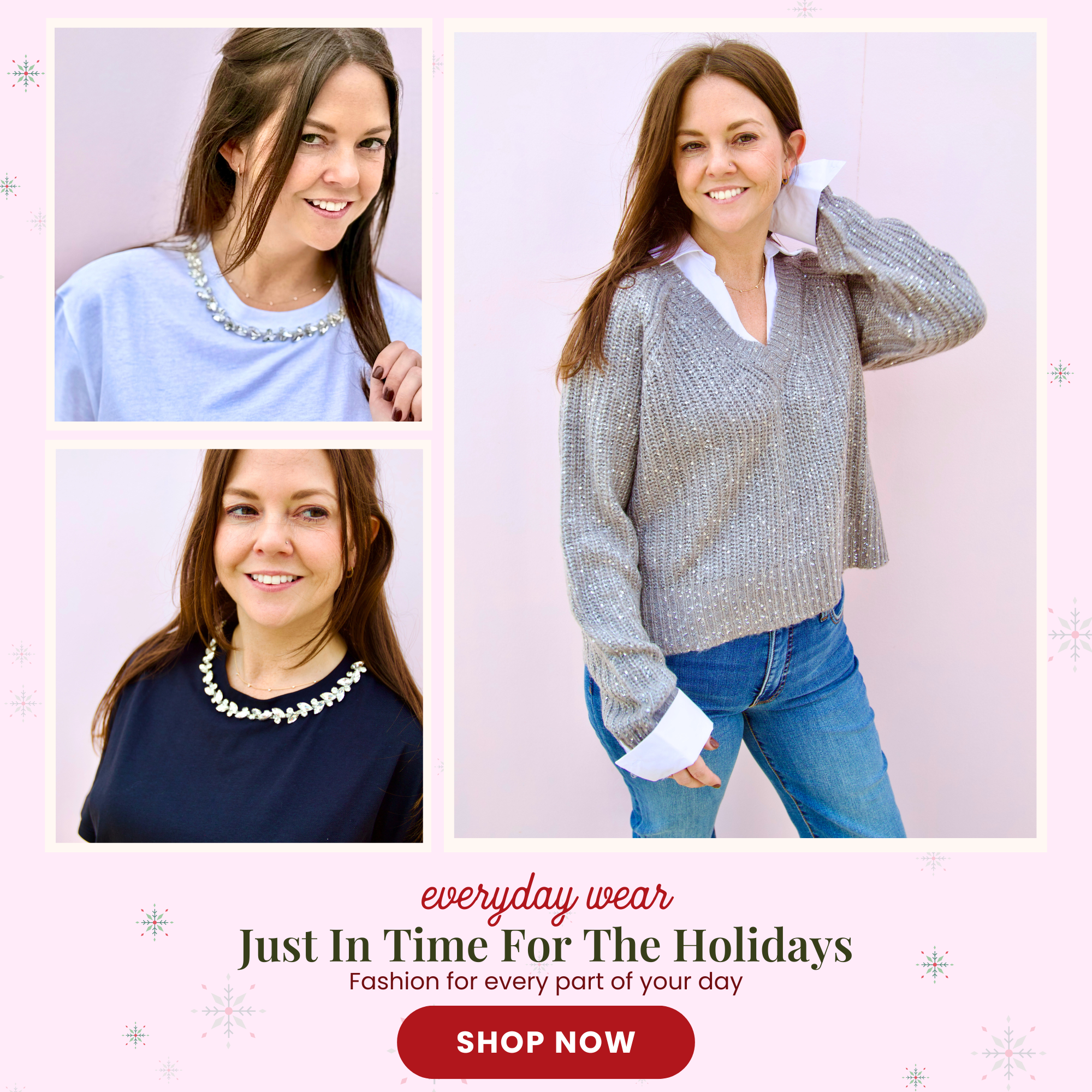 Promotional banner for holiday fashion with a woman wearing a gray sweater and jeans, and text encouraging shopping.