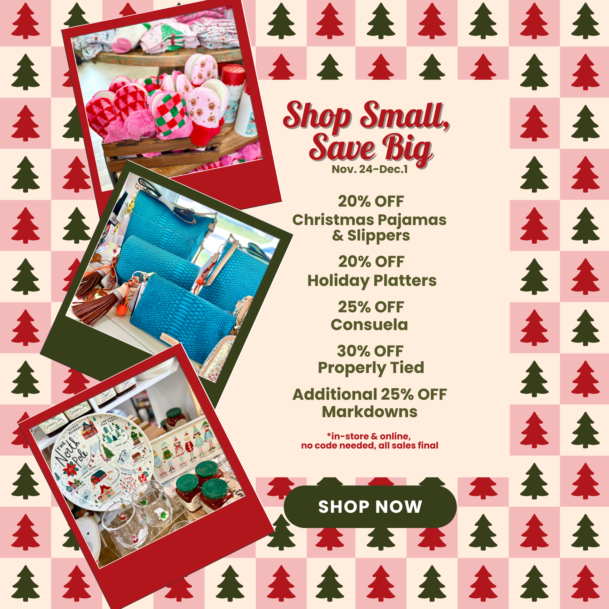 Promotion for black friday/cyber monday sale, pictures of slippers, consuela bags, christmas platters .