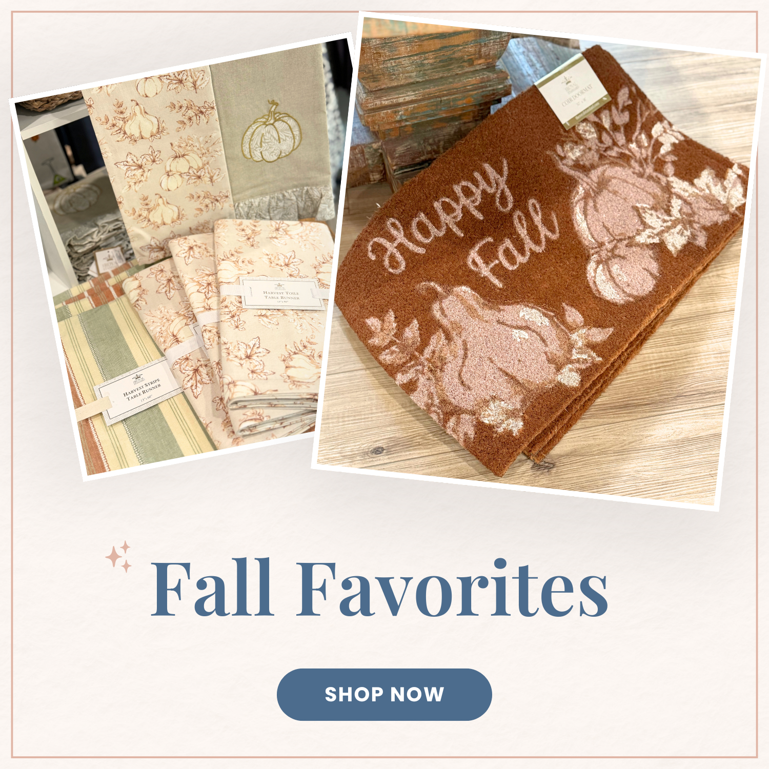 promo for fall favorites. first pic featuring fall themes dish towels and second pic featuring fall themed doormat.