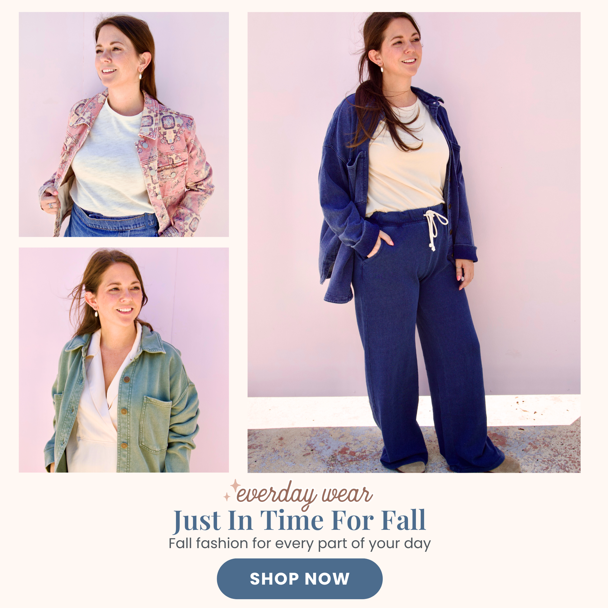 Woman in fall fashion outfit with text 'Everyday wear Just In Time For Fall' on a pink background