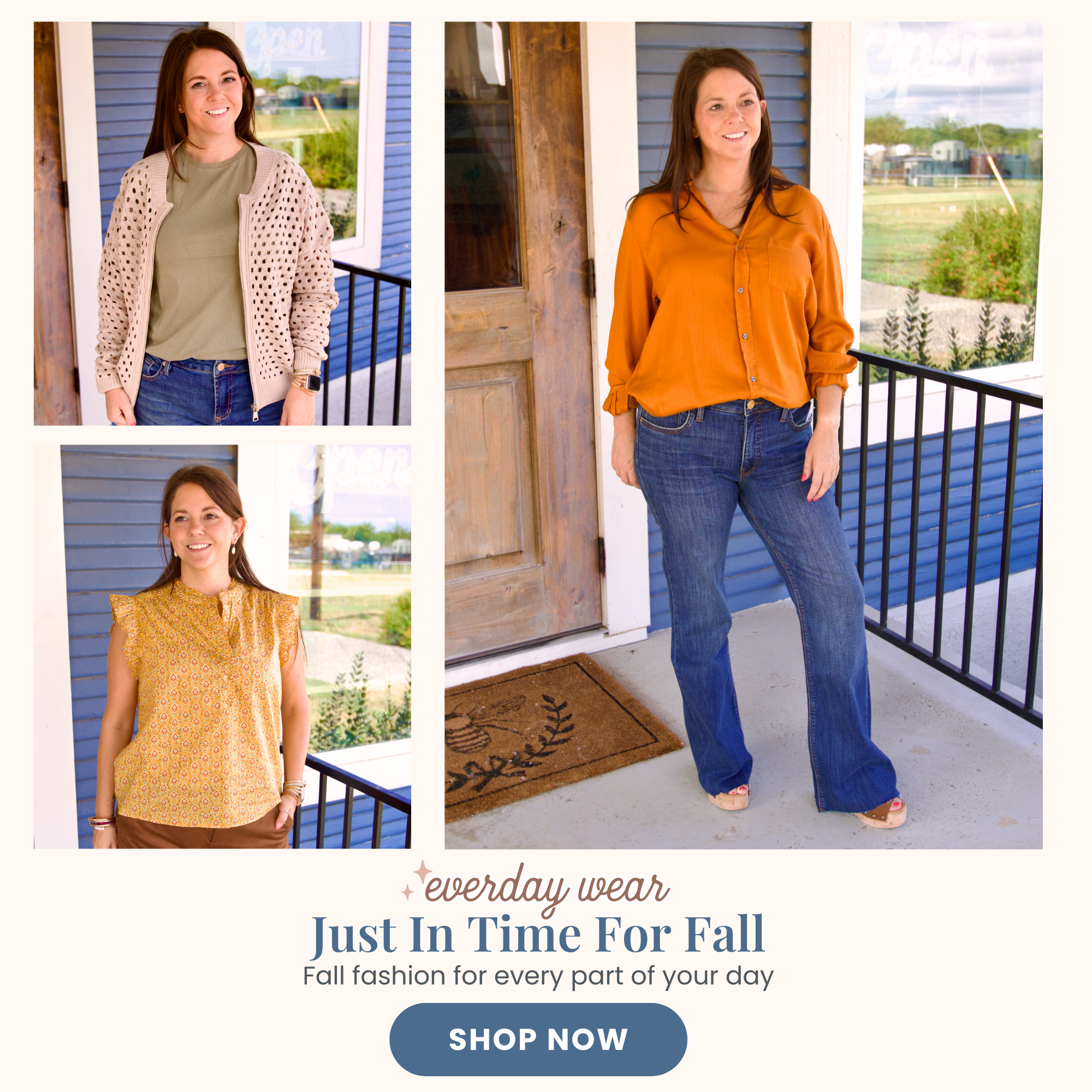 Woman in casual fall clothing on a porch with promotional text for fall fashion.