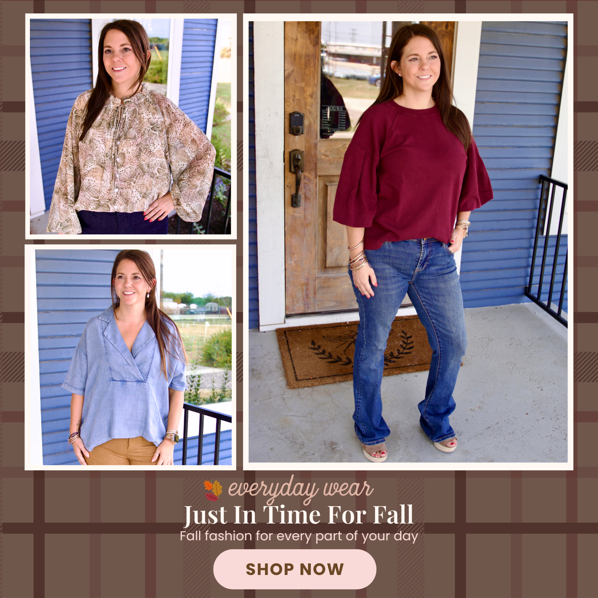 Three women modeling fall clothing with promotional text for everyday wear.